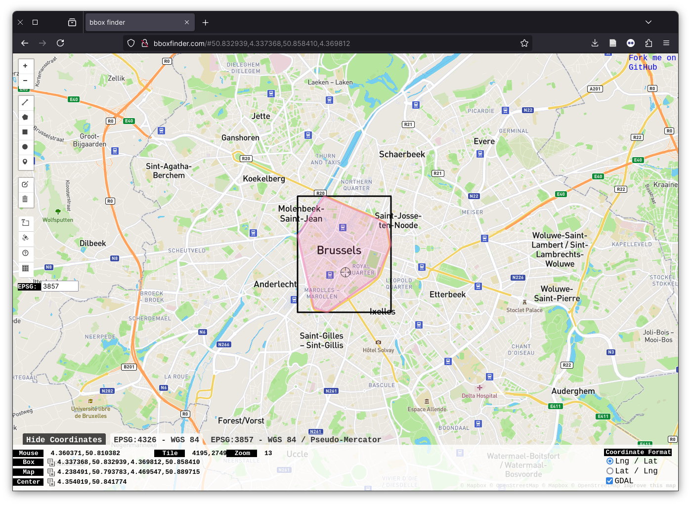 Screenshot of the bounding box around the Vijfhoek of Brussels