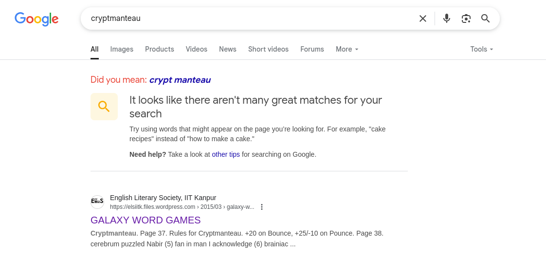 Google search results for cryptmanteau, with one result: a pdf titled GALAXY WORD GAMES from the English Literary Society