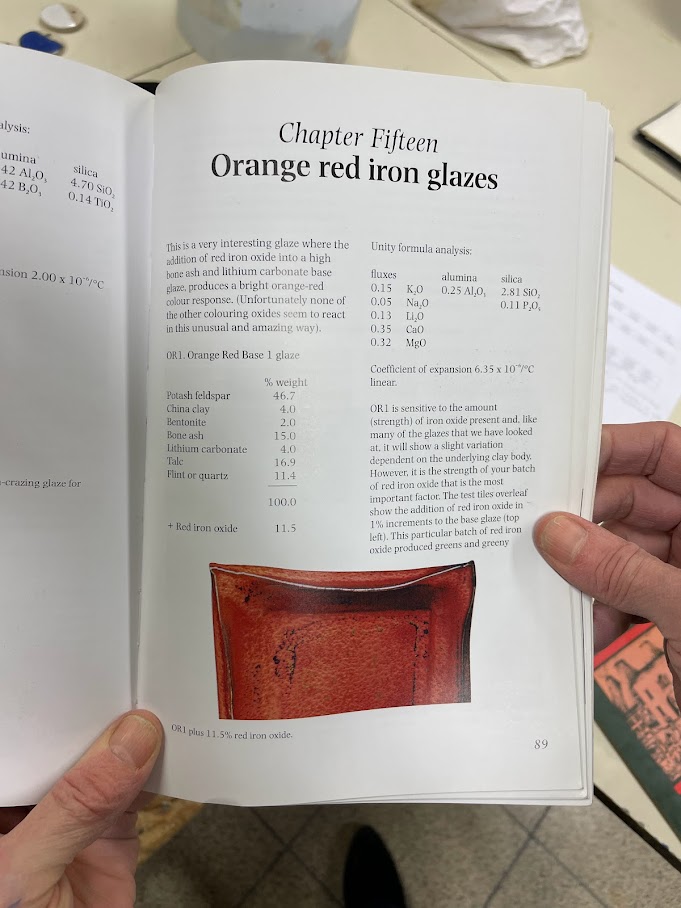 The "Orange red iron glazes" chapter of Michael Bailey's book, listing the OR1 base recipe.