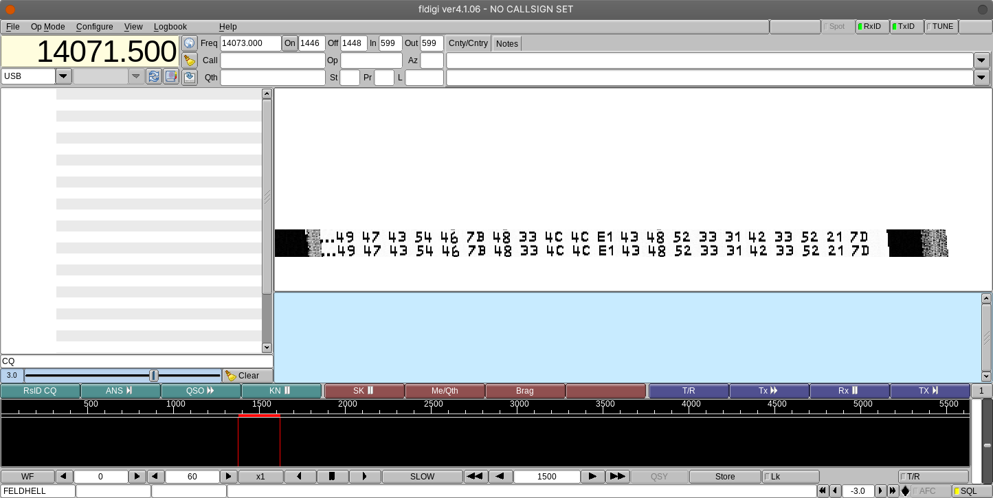 A screenshot of the <code>fldigi</code> program, a minute after loading the provided <code>.wav</code> file. A list of numbers appeared on the screen.