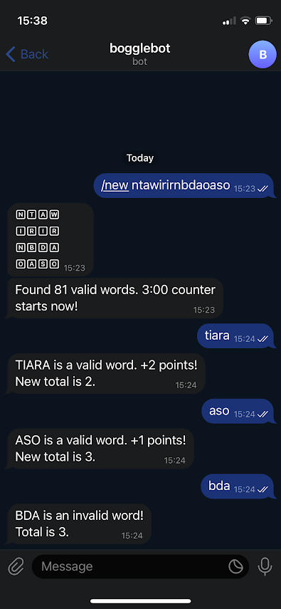 Screenshot of the Telegram chat with <code>bogglebot</code>